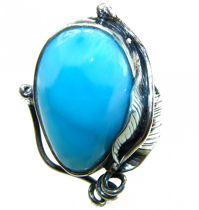 Large Blue Perfection Blue Larimar .925 Sterling Silver handmade Large ring size 8 adjustable - Close-up of a large blue larimar stone set in sterling silver.