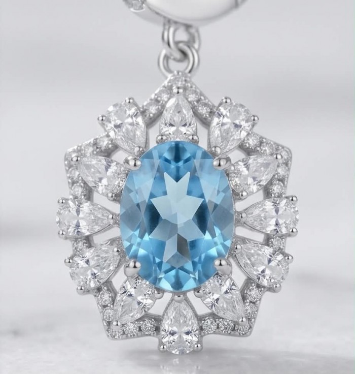 Serenity 4.5 carat genuine Swiss Blue Topaz .925 Sterling Silver handmade earrings - Close-up of Serenity 4.5 carat Swiss Blue Topaz pendant in sterling silver.