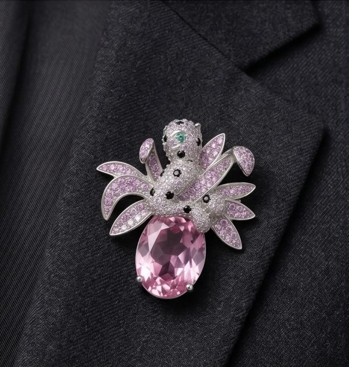Pink Cheetah authentic 12.5 carat Swiss Blue Topaz .925 Sterling Silver Handcrafted pendant brooch - Pink Cheetah brooch with pink gem detail on dark fabric