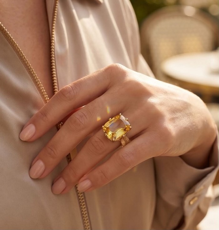 Liliana 28.5 carat Heliodor .925 Sterling Silver dipped in Real 18K Gold Oversized Ring size 9 - Worn on hand: 28.5 carat Heliodor ring in sterling silver.