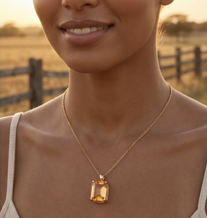 Princess cut 25.4 carat Lemon Quartz 18K Gold over .925 Sterling Silver handcrafted pendant - Worn on neck: 25.4 ct Lemon Quartz pendant in 18K Gold over .925 Silver