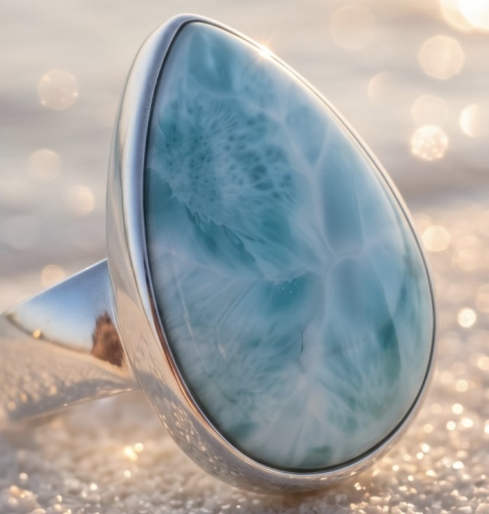16.9 carat Blue Perfection natural Larimar .925 Sterling Silver handmade Large ring size 6 adjustable - Close-up of 16.9 carat blue Larimar stone set in .925 Sterling Silver.