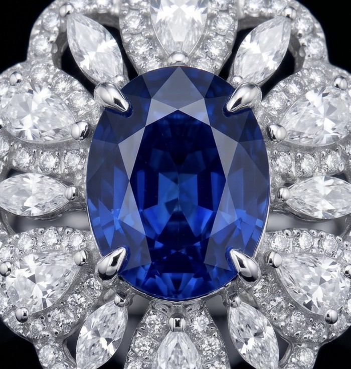 Authentic 4.5 carat Kyanite Moissanite .925 Sterling Silver handcrafted Ring size 9 - Close-up of 4.5 carat Kyanite Moissanite ring in sterling silver.