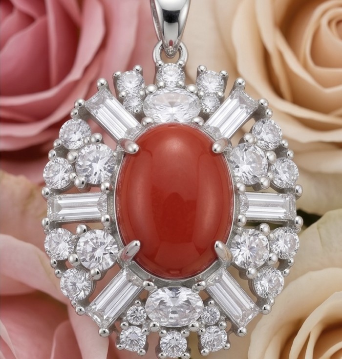 Elizabeth Natural Fossilized Coral 9.8 carat Moissanite .925 Sterling Silver handcrafted pendant - Close-up of Elizabeth Natural Fossilized Coral pendant with moissanites.