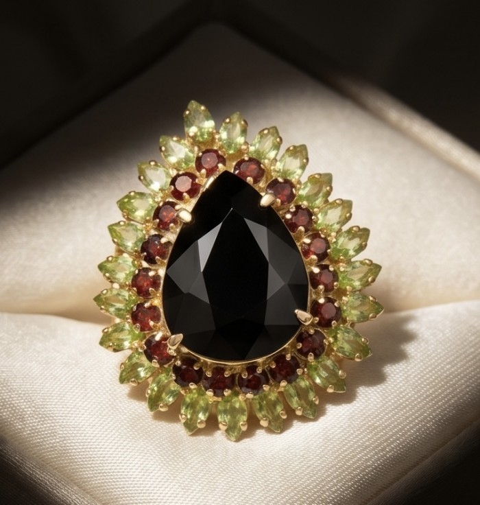 Roxanna - Huge 29.7 carat Black Onyx 18K Gold over .925 Sterling Silver handcrafted STATEMENT ring; s. 7 - Close-up of Roxanna ring with black onyx, gold, and multicolored gemstones.