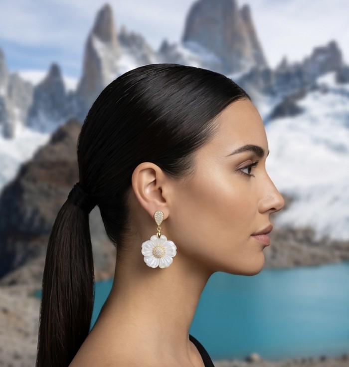 BLOOMING FLOWERS Genuine Blister Pearl 0.2 CARAT lab grown Diamond 18K Gold over .925 Sterling Silver handcrafted Statement Earrings - Side view of earring with flower design and pearl detail worn by model.