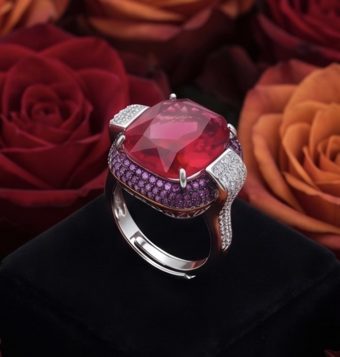 Art Deco 18.6 ctw Red Topaz 3.2 carat pave Ruby .925 Sterling Silver handcrafted Statement Ring size 8 adjustable - Red topaz and ruby ring on black velvet, surrounded by roses.