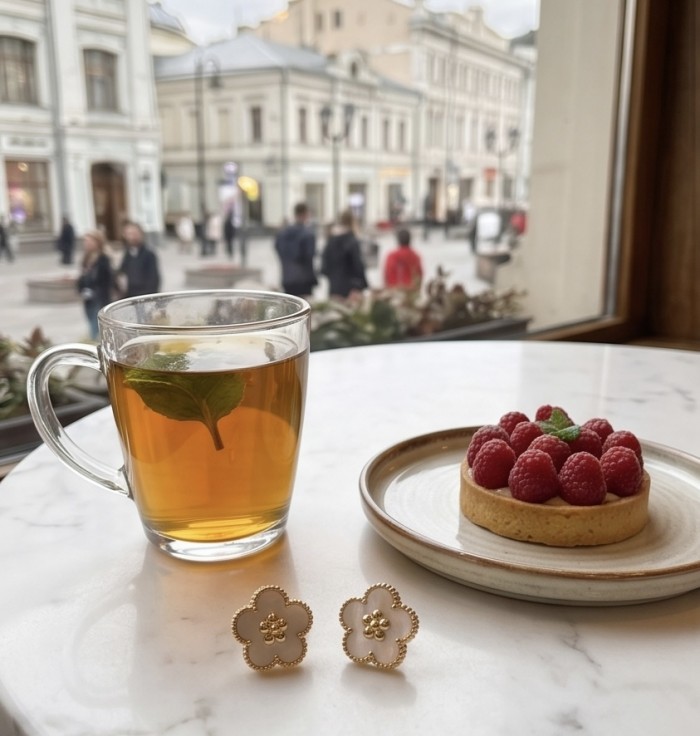 Genuine Blister Pearl .925 Sterling Silver handcrafted Statement Earrings - Earrings displayed on table with tea and dessert in street-side café.