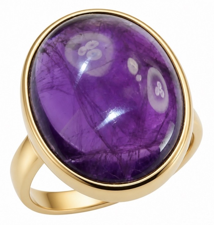 Peace 15.5 carat natural Amethyst 18K Gold over .925 Sterling Silver Handcrafted Ring size 8 adjustable - Close-up of Peace 15.5 carat Amethyst ring in 18K gold over .925 sterling.