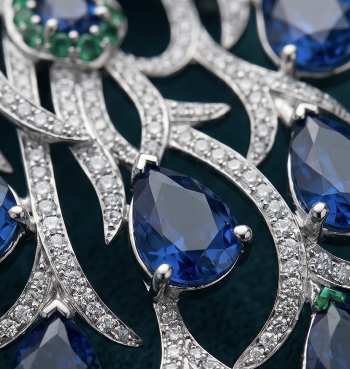 Most Incredible! - Natural 12.8 carat Sapphire Emerald Blue Peacock 2 tones 18K Gold over .925 Sterling Silver Large Brooch Pendant - Close-up of sapphire and diamond necklace detailing.