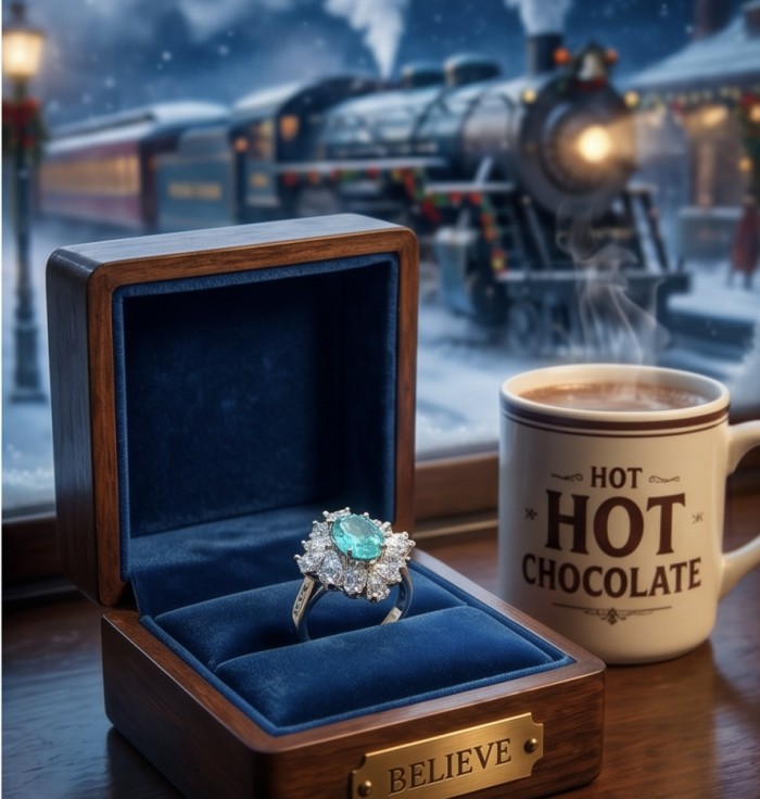 Wonderland 9.5 carat Brazilian Paraiba Tourmaline .925 Sterling Silver Handcrafted Ring size 7 1/4 - Ring with Paraiba Tourmaline in box, train and hot chocolate in background