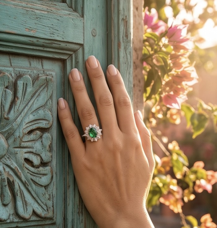 Elizabeth oval cut 4.8 carat Colombian Emerald 5.3 carat Moissanite .925 Sterling Silver dipped in Rhodium handcrafted Ring size 8 1/4 - Emerald ring worn on hand, ornate door background, floral setting.