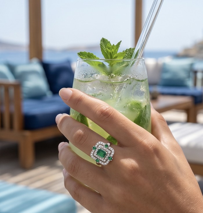 Art Deco - 3.8 carat Colombian Emerald .925 Sterling Silver handmade Statement ring s. 8 adjustable - Emerald ring on hand holding a glass, outdoor setting