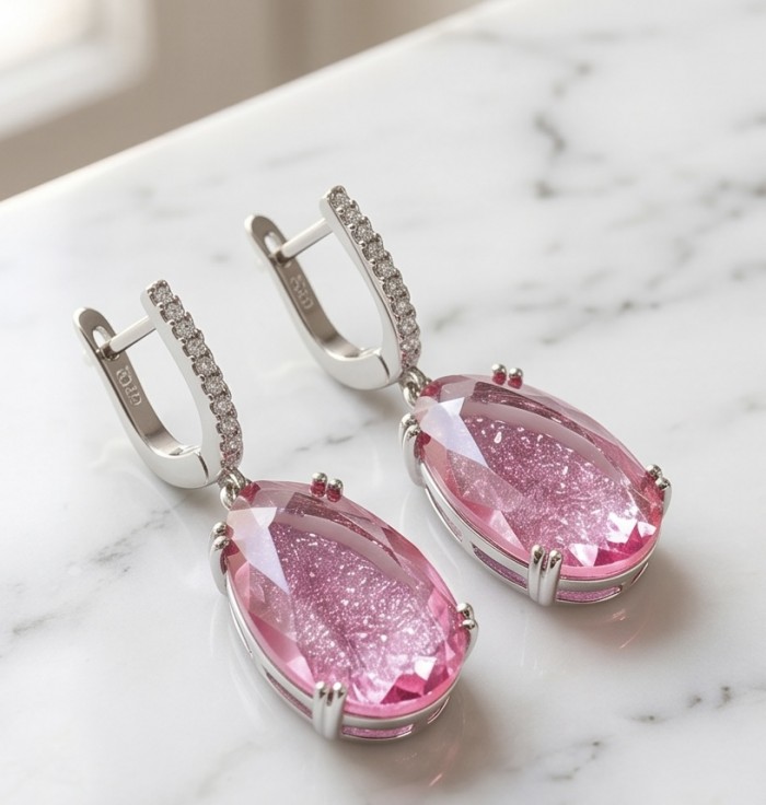 Angelina 14.9 carat authentic Pink Tourmaline .925 Sterling Silver Handcrafted Earrings - Close-up of pink tourmaline earrings on marble surface.