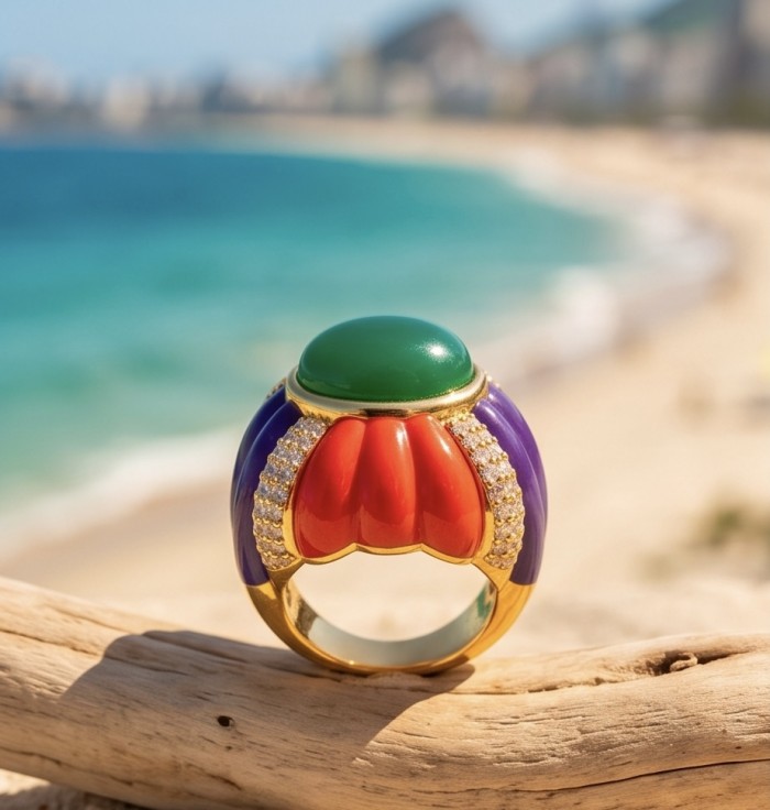Art Deco Natural 10.8 carat Jade 22K Gold over Enamel .925 Sterling Silver handcrafted Statement ring size 7 - Colorful Art Deco ring close-up with jade and enamel on beach setting.