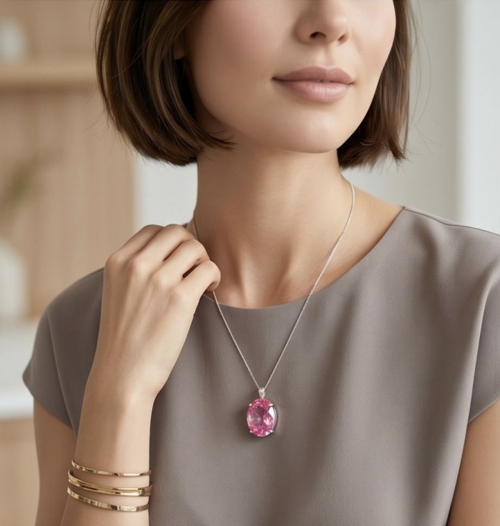 Incredible oval cut 30.8 carat Bubblegum Pink Sapphire .925 Sterling Silver handcrafted pendant - Woman wearing pink sapphire necklace; focus on pendant and bracelets.