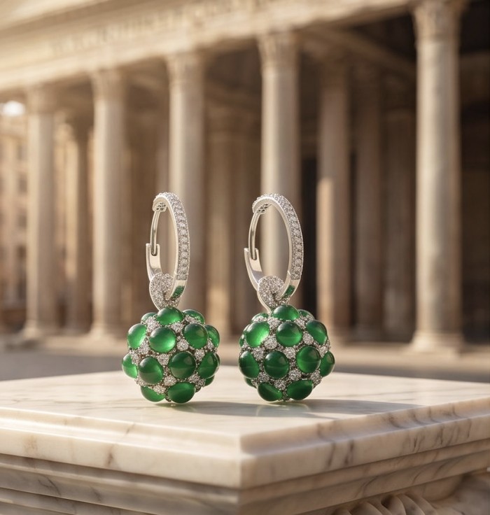 Giovanna- Authentic 6.5 CARAT natural Colombian Emerald .925 Sterling Silver handcrafted Statement earrings - Emerald earrings on pedestal, front view with architectural backdrop.