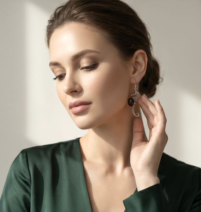 SEAHORSE Style genuine green Baltic Amber .925 Sterling Silver earrings - Woman wearing SEAHORSE earring, side view, green Baltic Amber detail.
