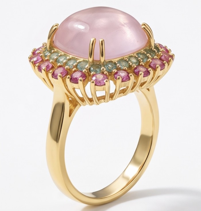 Scarlett 12.9 carat Rose Quartz 18K Rose Gold over .925 Sterling Silver handcrafted Statement Ring size 7 - Side view of Scarlett rose quartz ring with colorful accents