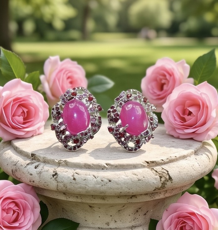 Francesca- Magnificent 10.8 carat authentic Ruby rhodium over .925 Sterling Silver handcrafted Statement earrings - Ruby earrings on pedestal surrounded by pink roses, front view.