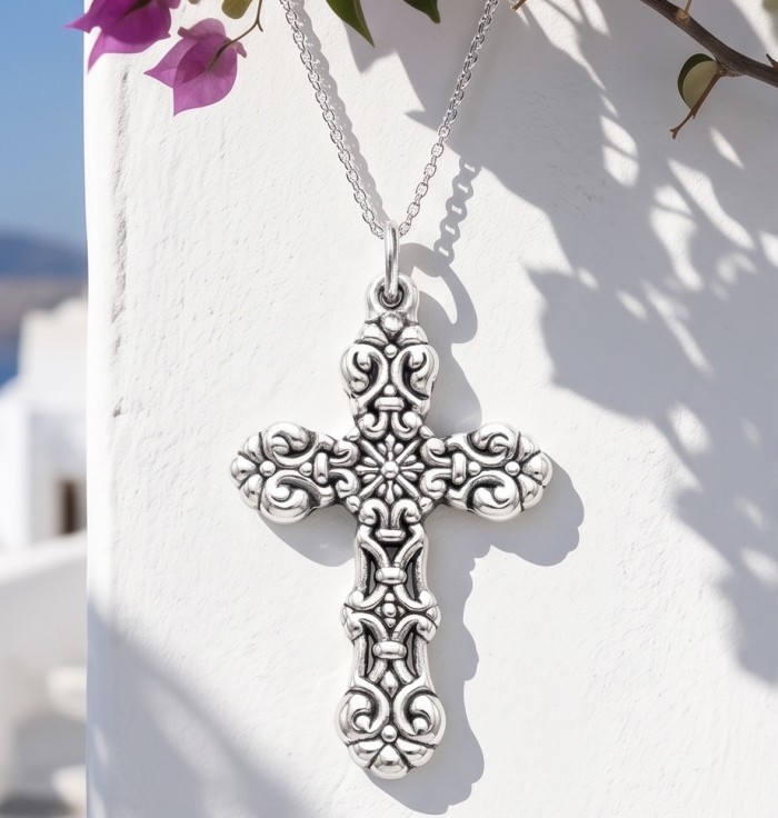 Holy Cross the best quality .925 Sterling Silver Bali made Pendant - Ornate sterling silver cross necklace hanging on a wall