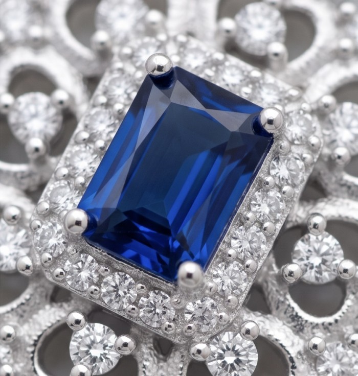 Born to Glam 2.2 carat natural Sapphire .925 Sterling Silver Perfectly handcrafted Pendant - Close-up of sapphire with diamond accents in sterling silver setting.