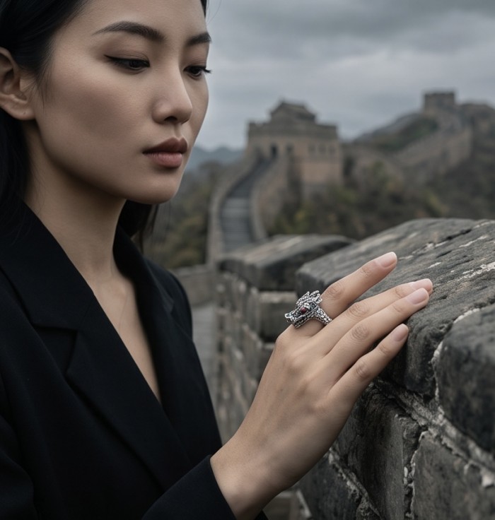 Reclaim your Power Authentic Ruby Marcasite .925 Sterling Silver Handcrafted Large Ring size 8 - Worn on hand, dragon ring with ruby at the Great Wall backdrop