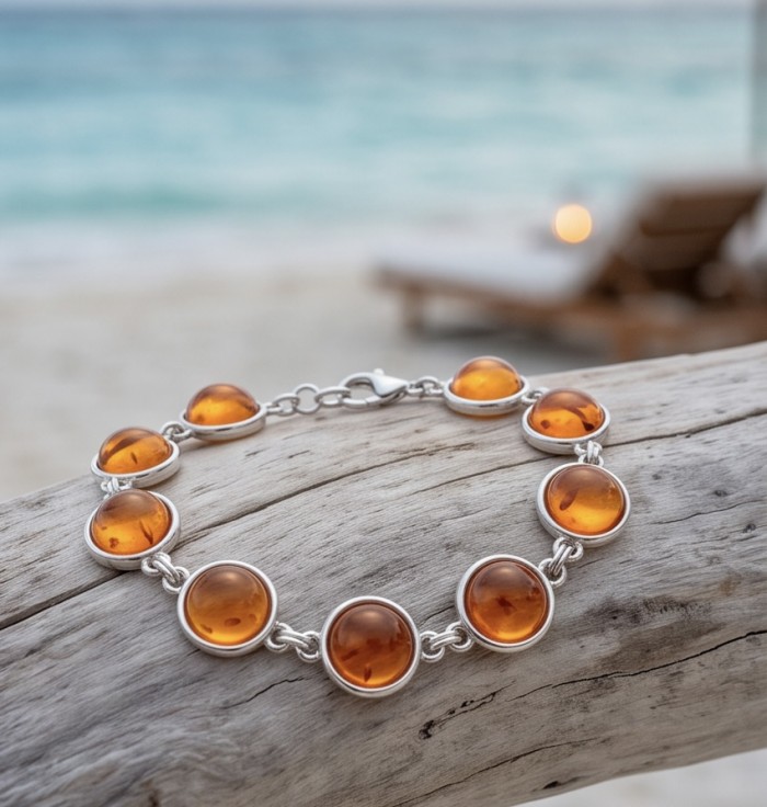 Excellent quality Cognac color Baltic Amber .925 Sterling Silver entirely handcrafted Bracelet - Baltic amber bracelet on driftwood, beach background