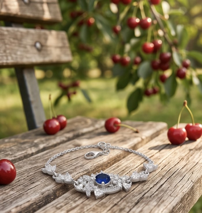 Vintage style - Giovanna - oval pear cut 6.8 carat Sapphire .925 Sterling Silver handcrafted Statement Bracelet - Bracelet with sapphire on bench, surrounded by cherries in background.