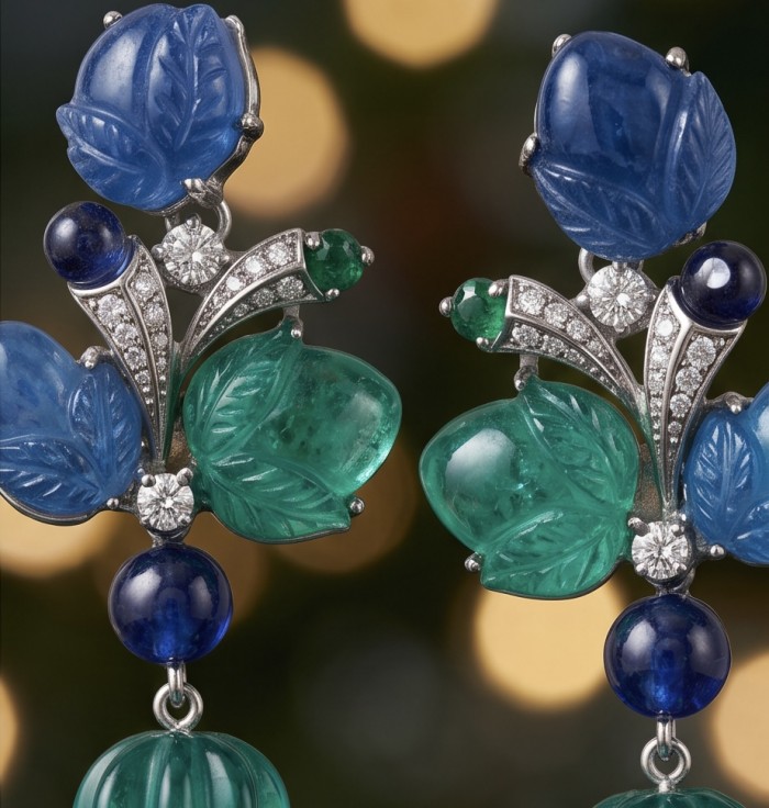Art Deco - Luxurious natural 28.5 carat Sapphire .925 Sterling Silver Perfectly handcrafted earrings - Close-up of Art Deco earrings with sapphires and emerald details