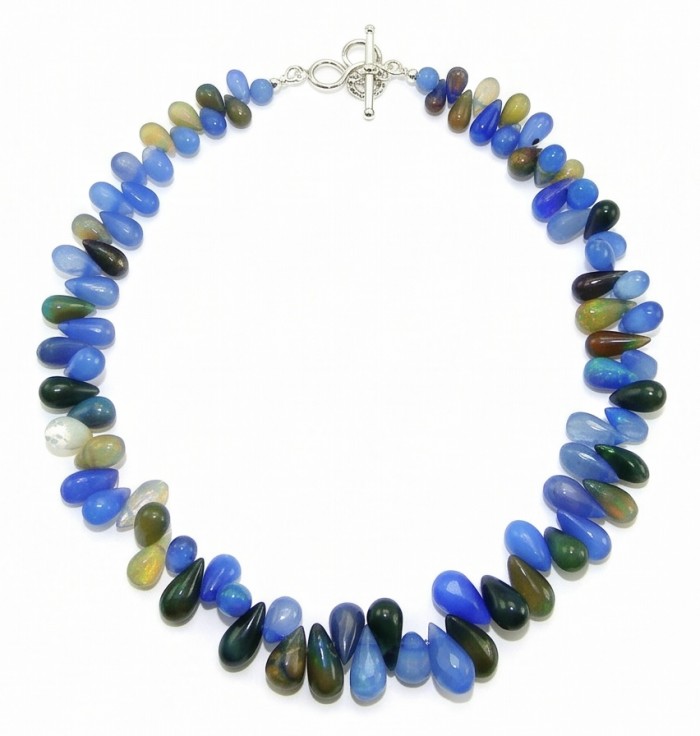 Sublime Brilliance Authentic Black Opal .925 Sterling Silver handcrafted bracelet - Black opal necklace with teardrop gemstones and toggle clasp, top view.
