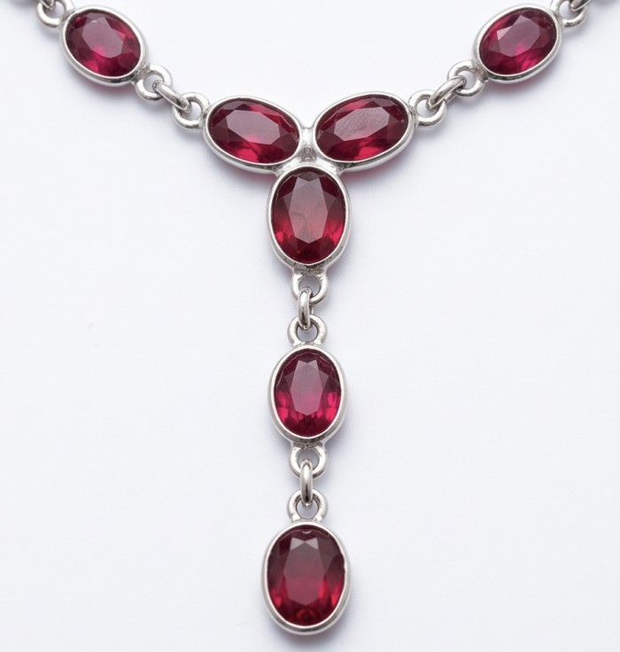 Giovanna - Magnificent Jewel 10.8 carat Ruby .925 Sterling Silver handcrafted Statement Necklace - Close-up of Giovanna 10.8 carat ruby necklace in .925 sterling silver.