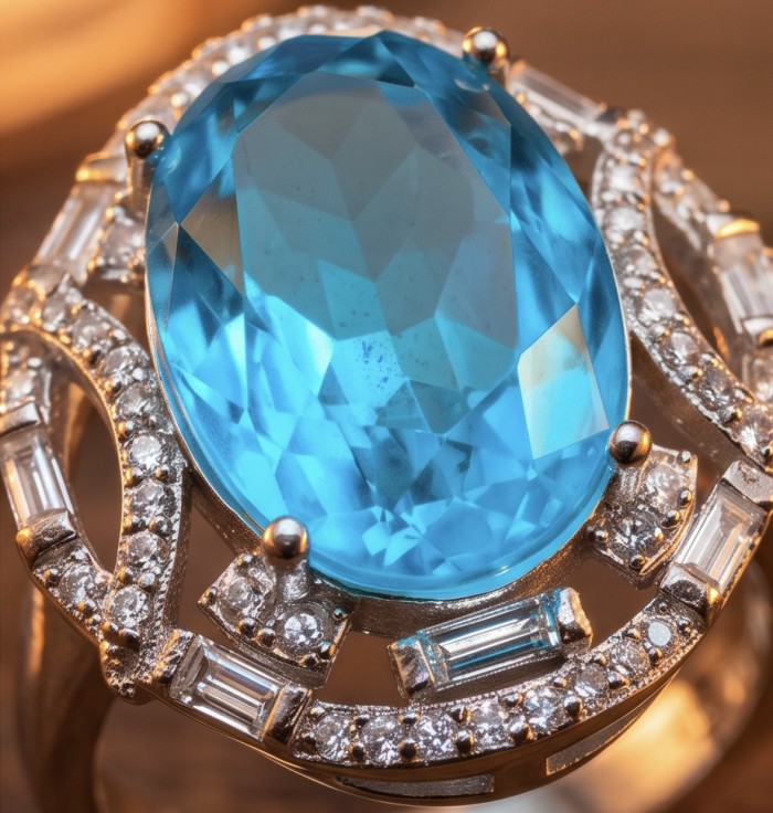 Gabriella 10.2 carat authentic Paraiba Tourmaline rhodium over .925 Sterling Silver handcrafted Statement Ring size 6 3/4 - Close-up of Gabriella 10.2 carat Paraiba Tourmaline ring with diamonds