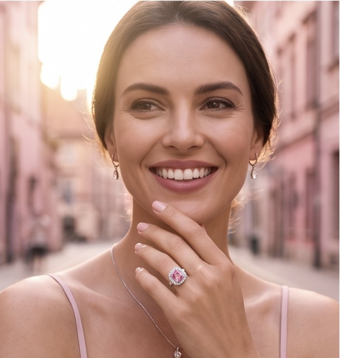 Tiffany - authentic princes cut 14.5 carat Pink Sapphire .925 Sterling Silver Handcrafted Statement Ring size 7 1/2 - Woman wearing Tiffany 14.5 carat pink sapphire ring, smiling.