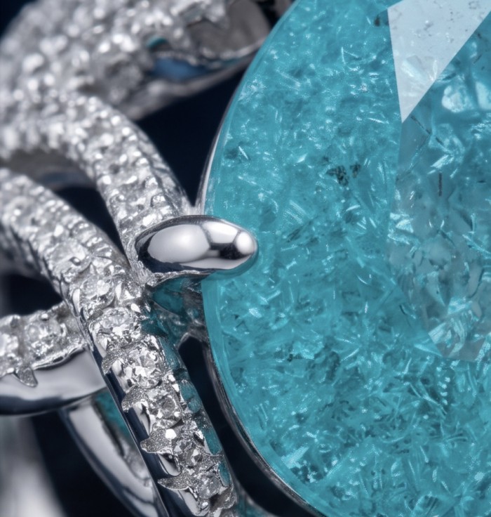 Oceania 14.5 carat Paraiba Tourmaline .925 Sterling Silver Handcrafted Ring size 7 1/2 - Close-up of Oceania 14.5 carat Paraiba Tourmaline in .925 sterling silver.