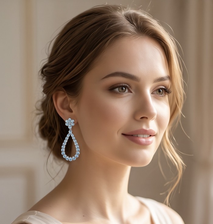 Serenity 14.5 carat genuine Swiss Blue Topaz .925 Sterling Silver handmade Statement Handcrafted earrings - Side view worn: Serenity 14.5 ct Swiss Blue Topaz earrings in .925 Sterling Silver