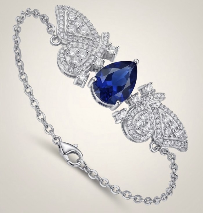Vintage style - Giovanna - 6.8 carat Sapphire .925 Sterling Silver handcrafted Statement Bracelet - Bracelet with sapphire and diamonds, side view, .925 Sterling Silver