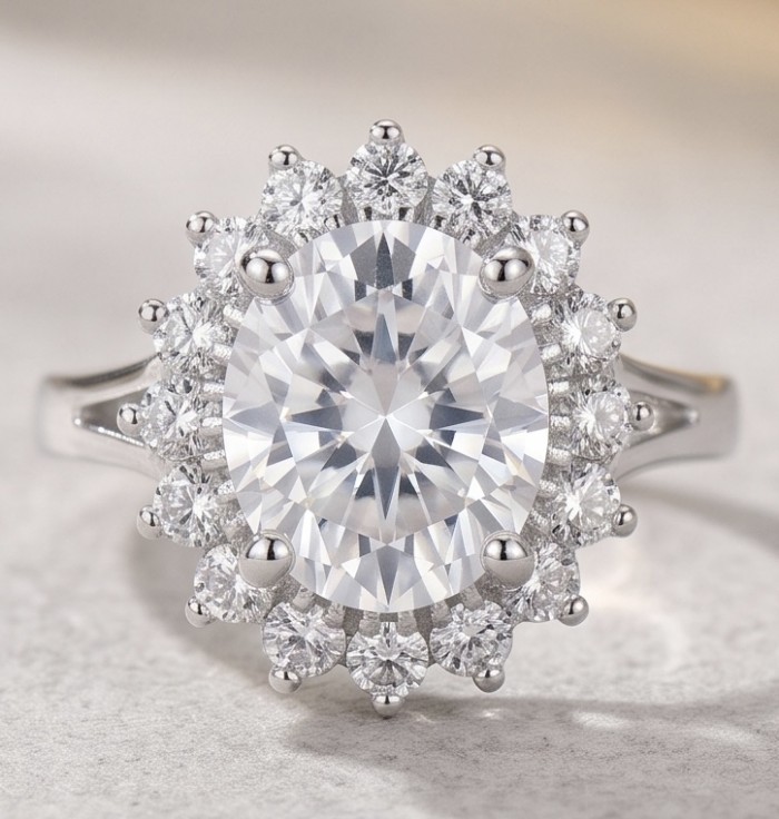 Real Beauty - 8.5 carat White Topaz .925 Sterling Silver Handcrafted Statement Ring size 7 1/4 - Close-up of white topaz and diamond halo ring in sterling silver.