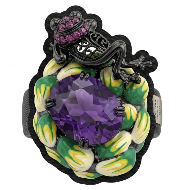 Lucky Frog 18 carat Amethyst Enamel black rhodium over .925 Sterling Silver HUGE Ring s. 8 3/4 - Lucky Frog ring with amethyst center and enamel detail, top view.