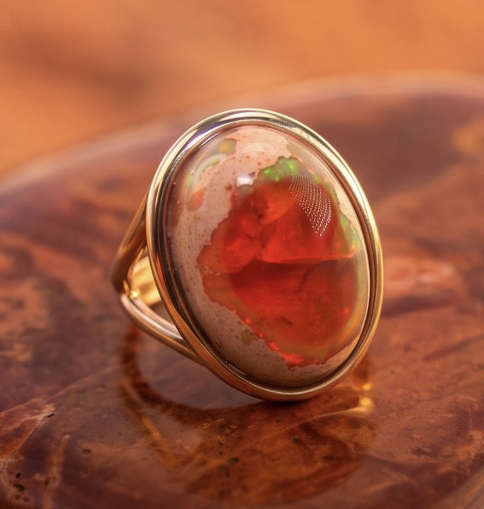 Golden Galaxy best quality 15.2 carat Mexican Opal 18K Gold over .925 Sterling Silver handmade ring 8 - Mexican Opal in 18K Gold Ring, stone close-up, fiery hues and pattern.