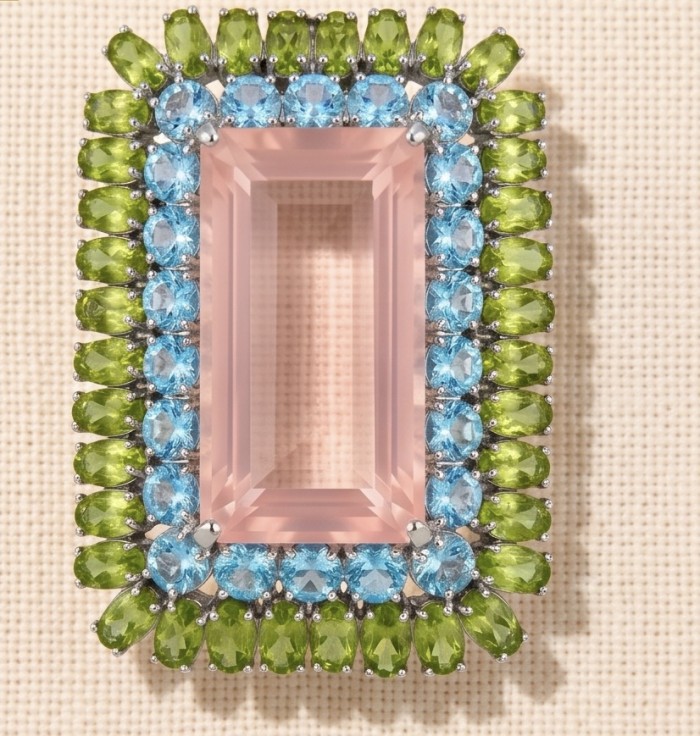 Vintage style Beauty genuine baquette cut 18.5 carat Brazilian Rose Quartz rhodium over .925 Sterling Silver handmade Pendant - Brooch - Close-up of vintage-style gemstone brooch with pink, blue, and green stones.