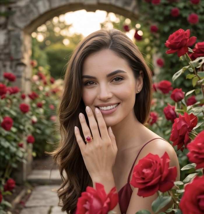 Carmen Natural 11.4 carat Kasmir Ruby .925 Sterling Silver dipped in 22K Gold handmade Statement Ring size 7 - Woman wearing Carmen 11.4 ct Kashmir Ruby ring in rose garden, front view.