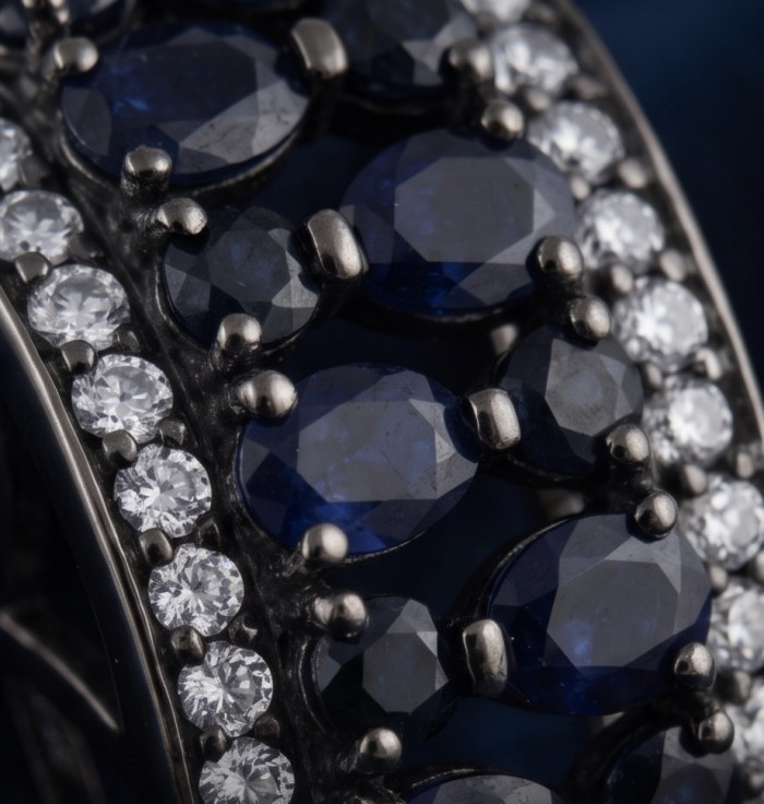 Vintage Beauty 9.7 carat Mozambique Sapphire Black Rhodium over .925 Sterling Silver handcrafted pendant - Close-up of sapphires and diamonds in Vintage Beauty ring settings.