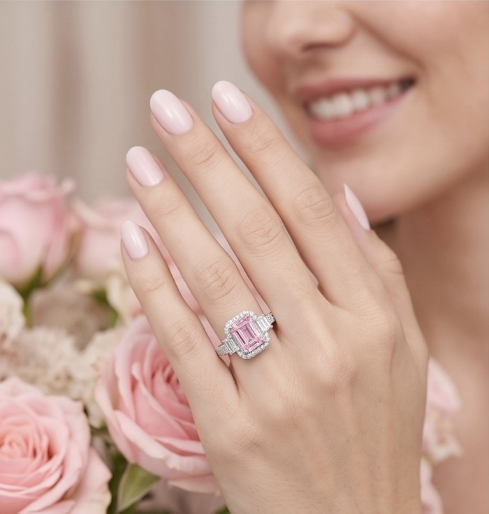 Isabella - Light Pastel 8.7 carat real Kunzite .925 Silver handcrafted Cocktail Ring s. 8 - Hand view with the Isabella Kunzite ring amidst pink roses.