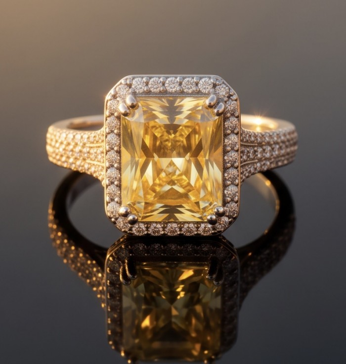 Solid 8.8 carat Genuine Yellow Sapphire .925 Sterling Silver handcrafted ring size 6 1/4 - Close-up of 8.8 carat yellow sapphire ring with diamond accents.