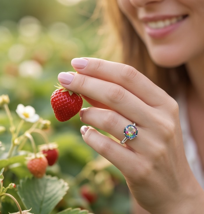 7.8 carat Brazilian Tourmaline .925 Sterling Silver Perfectly handcrafted Ring s. 8 1/4 - Tourmaline ring close-up, worn on hand, picking strawberries.