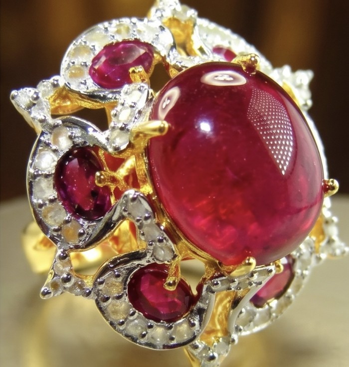 King of Gems Genuine 17.5 CARAT Mozambique Star Ruby 22K Gold over .925 Sterling Silver Large Statement Ring size 7 1/4 - Close-up of 22K gold ring with 17.5 carat Mozambique ruby and gems.
