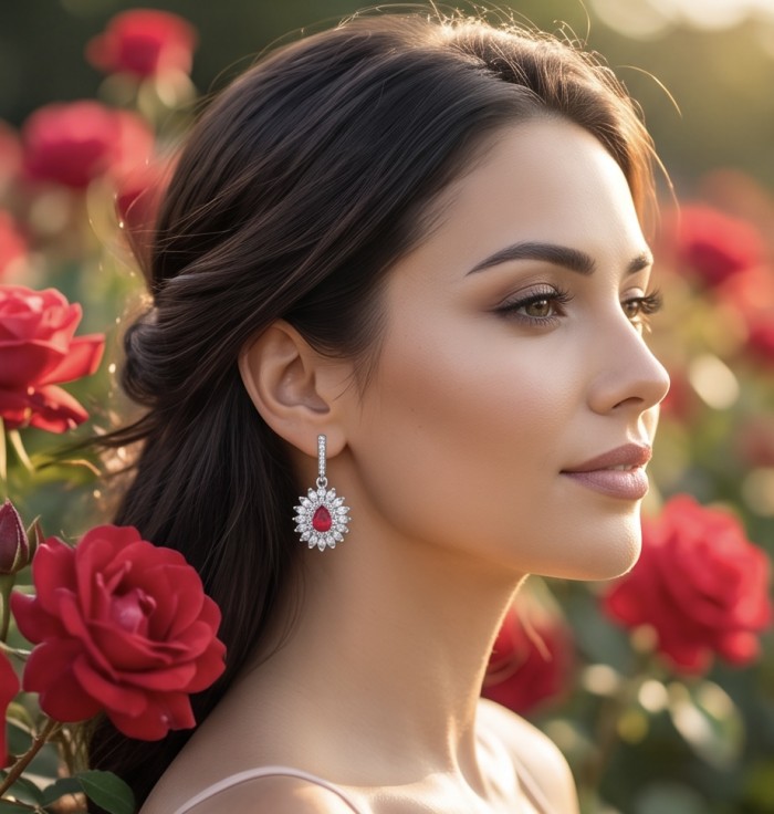 Exquisite 5.4 ctw Mozambique Ruby .925 Sterling Silver handcrafted Statement earrings - Side view wearing exquisite 5.4 ctw Mozambique Ruby earrings in garden.