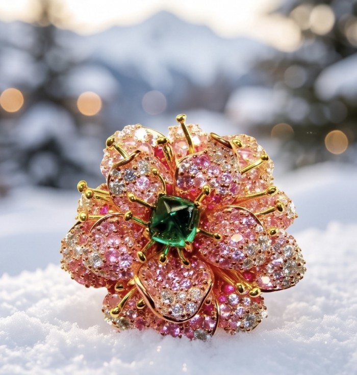 Giovanna - Authentic 4.2 carat Emerald .925 Sterling Silver dipped in 22K Rose Gold handcrafted Brooch - Close-up of flower brooch with pink and green gemstones on snow.