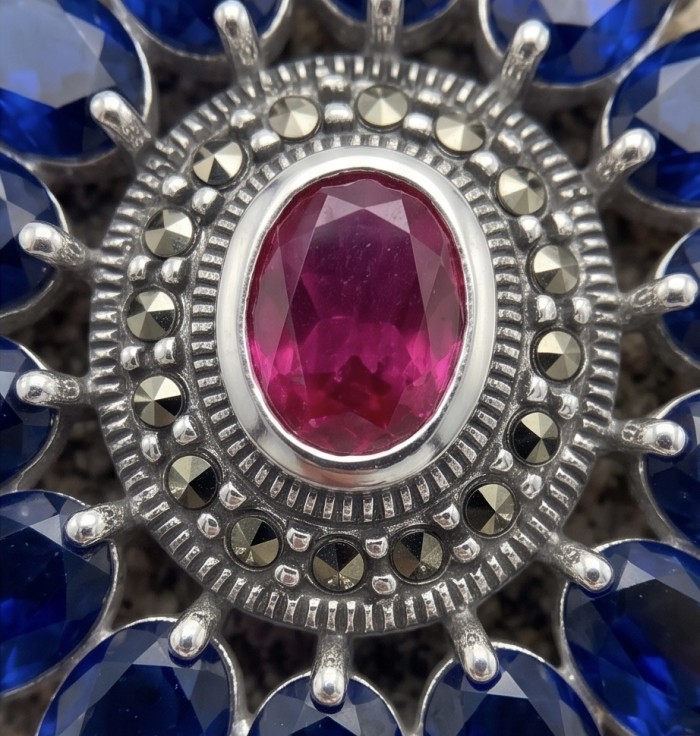 Giovanna 22.2 carat authentic Mozambique Ruby .925 Sterling Silver handmade Pendant - Close-up of Giovanna Mozambique Ruby with blue and silver accents